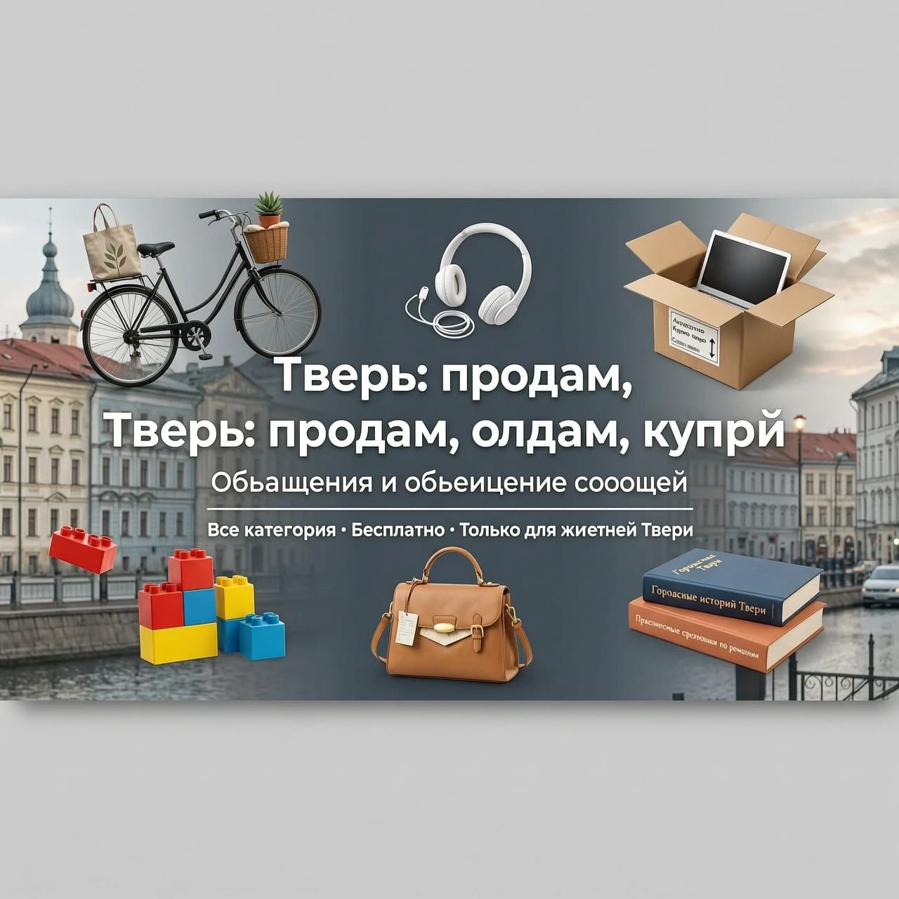 Обложка 1920×748 px для сообщества ВК. Фон — размытый городской пейзаж Твери (вид с набережной или улицы с исторической застройкой). На переднем плане полупрозрачный тёмный градиент для лучшей читаемости текста. По центру текст: „Тверь: продам, отдам, куплю“, шрифт крупный, современный, белый. Вокруг текста — коллаж из бытовых предметов: велосипед, коробка с техникой, детская игрушка, сумка, книга — всё в аккуратной композиции, будто парит в воздухе. Стиль: фотоколлаж с мягкой обработкой, реалистично, но чуть стилизованно. Цвета: нейтральные, акцент на предметах, текст должен быть максимально читаемым.