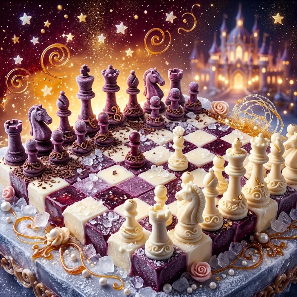 ((Background): currant jelly with stars of candy caramel. (Background colors):dark bordeaux, golden caramel. ((Foreground):(ice cream cake in the shape of a chessboard and chess pieces) iced sugar chessboard with ice chips (Colors of the chessboard):dark purple and creamy white. (Chess pieces) (made of cream and caramel ice cream sprinkled with grated dark and white chocolate). (Style):fantasy, fairy tale, ice cream cake, magic dessert, art decor of desserts and sweets, rococo baroque, double esposition, close-up. The inner light. High quality, 4k, intricate details.
