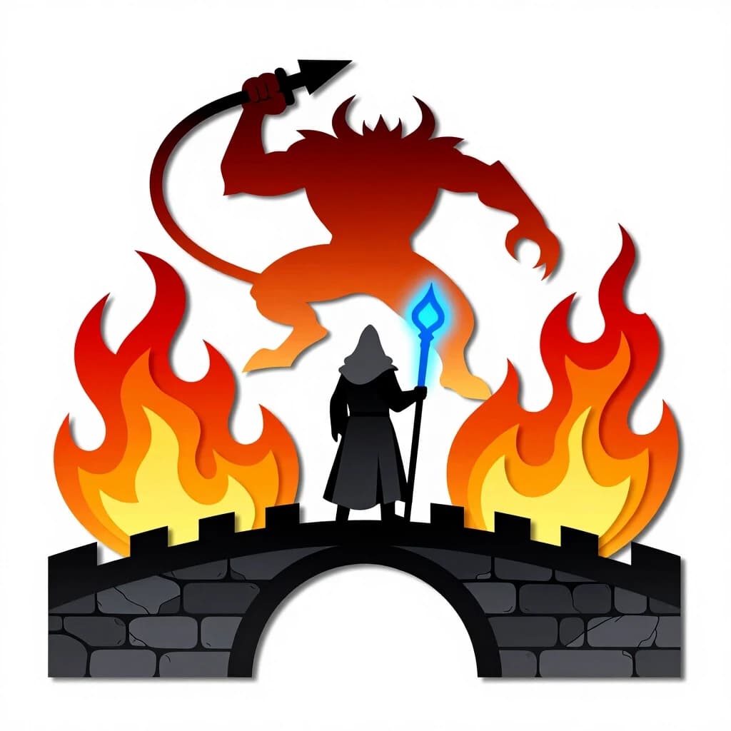 Lord of the Rings scene, Gandalf the Grey standing on Khazad-dum bridge with his back to the viewer, glowing blue staff, fiery Balrog with sword and whip in front, view from behind the wizard, multi-layered paper art style papertol and pop-up card, 5 distinct isolated layers on solid white background, flat vector shapes without intersections, thick black outlines, fantasy art, high detail fire and stone, studio lighting