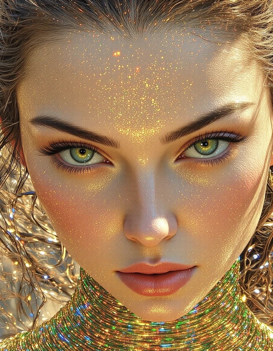 The structure of a digital image of a very beautiful alien woman at 3/4 of her height. The portrait consists of the thinnest horizontal wavy lines and strokes, which are arranged in even rows to form the figure of the alien woman. The drawing is made with multi-colored ink. A mysterious portrait of a charming alien woman, a random angle, a close-up view, executed in the airy style of the golden era of Klimt, Li Bogda, and Konstantin Razumov, with exquisite details, warm hues, and divine lighting. The background is a cold, lifeless planet called Mercury. Maximum detail, creative structure in the form of the thinnest horizontal wavy lines and strokes, high resolution 8K, HDR