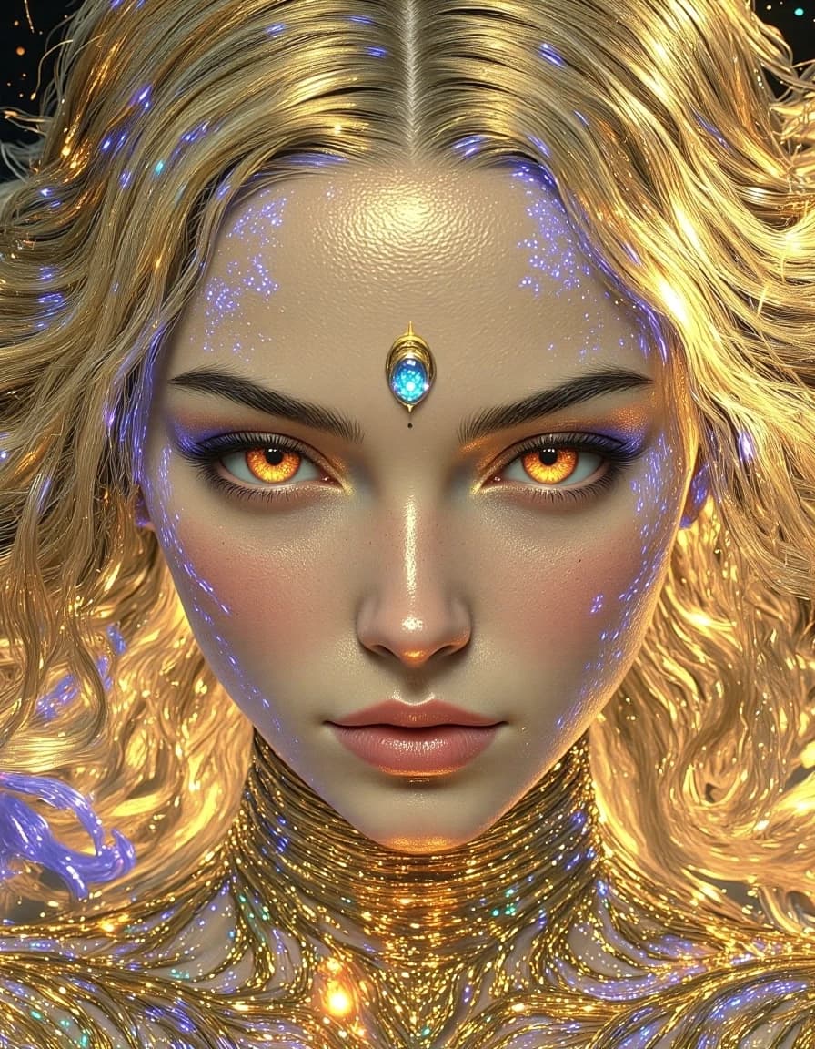 The structure of a digital image of a very beautiful alien woman at 3/4 of her height. The portrait consists of the thinnest horizontal wavy lines and strokes, which are arranged in even rows to form the figure of the alien woman. The drawing is made with multi-colored ink. A mysterious portrait of a charming alien woman, a random angle, a close-up view, executed in the airy style of the golden era of Klimt, Li Bogda, and Konstantin Razumov, with exquisite details, warm hues, and divine lighting. The background is a cold, lifeless planet called Mercury. Maximum detail, creative structure in the form of the thinnest horizontal wavy lines and strokes, high resolution 8K, HDR
