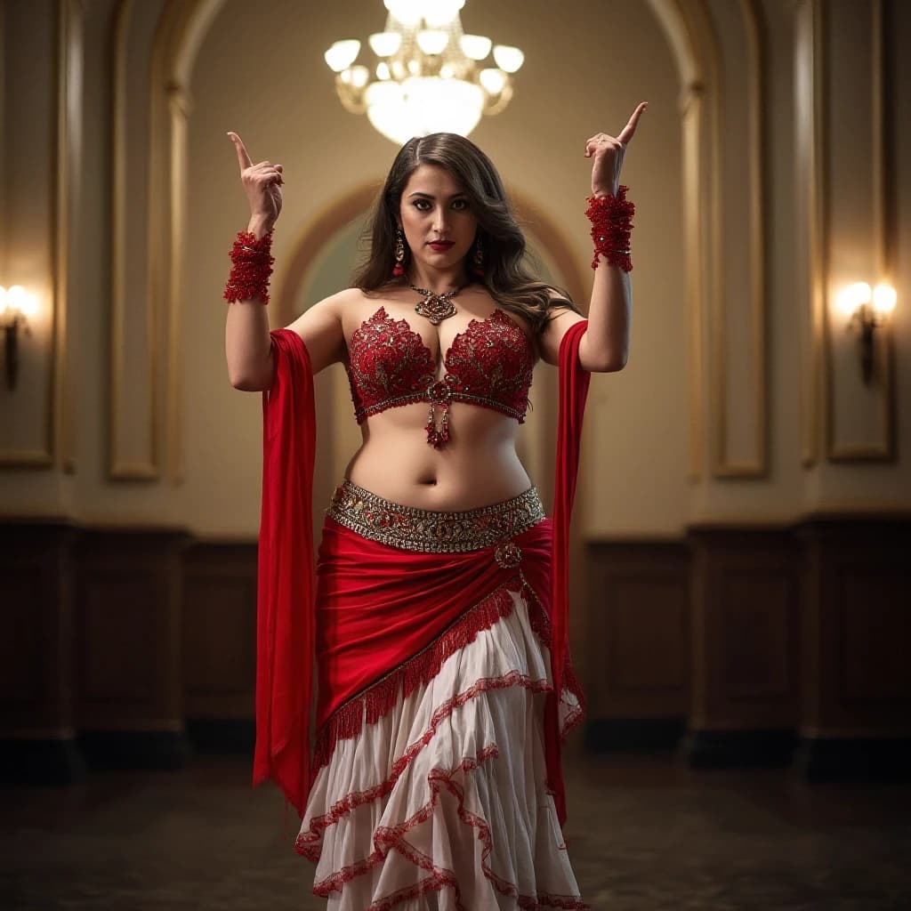 front view chubby belly dancer woman in red and white costume brunette brown hair stand in hall