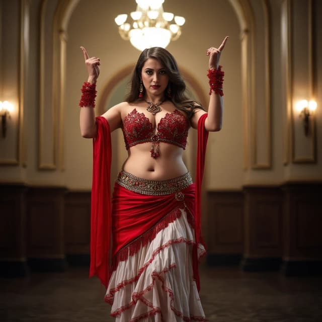 front view chubby belly dancer woman in red and white costume brunette brown hair stand in hall