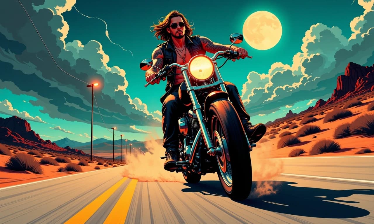 A masterpiece,  in the style of the 1980s, with bold lines, dynamic strokes and rich textures, on background with a touch of nostalgia, perhaps with subtle drawings inspired by cellulose and vintage, worn textures similar to paper,oil painting, Ultra-realistic cinematic night scene of a muscular tattooed biker tearing down a desert highway on a black cruiser motorcycle under a bright full moon and dramatic cloudscape, low-angle three-quarter front view, wind-swept long hair and sunglasses, leather vest, chained jeans, visible necklaces and detailed arm tattoos, powerful chrome engine and gleaming exhaust pipes, headlight lens flare and warm orange rim light mixing with cool moonlight, a lone streetlamp casting soft amber glow to the left, dust and tire smoke trailing behind, motion blur on the road and distant scrubby desert landscape, crisp sharp focus on the rider’s face, hands and motorcycle details, volumetric moonlight shafts, high contrast teal-orange cinematic color grade, intense moody atmosphere, photoreal textures, subtle film grain,  shallow depth of field, cinematic lighting and dramatic shadows.