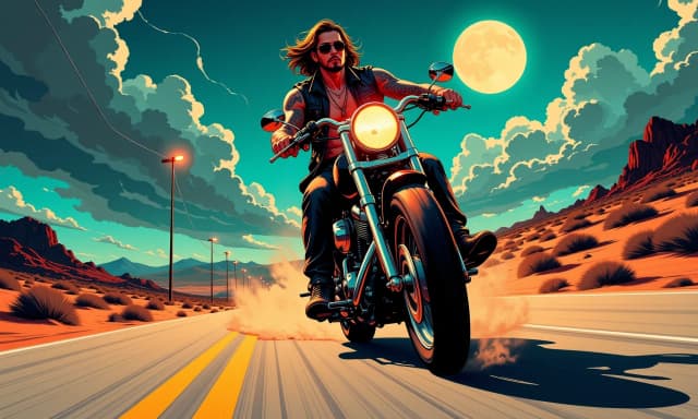 A masterpiece,  in the style of the 1980s, with bold lines, dynamic strokes and rich textures, on background with a touch of nostalgia, perhaps with subtle drawings inspired by cellulose and vintage, worn textures similar to paper,oil painting, Ultra-realistic cinematic night scene of a muscular tattooed biker tearing down a desert highway on a black cruiser motorcycle under a bright full moon and dramatic cloudscape, low-angle three-quarter front view, wind-swept long hair and sunglasses, leather vest, chained jeans, visible necklaces and detailed arm tattoos, powerful chrome engine and gleaming exhaust pipes, headlight lens flare and warm orange rim light mixing with cool moonlight, a lone streetlamp casting soft amber glow to the left, dust and tire smoke trailing behind, motion blur on the road and distant scrubby desert landscape, crisp sharp focus on the rider’s face, hands and motorcycle details, volumetric moonlight shafts, high contrast teal-orange cinematic color grade, intense moody atmosphere, photoreal textures, subtle film grain,  shallow depth of field, cinematic lighting and dramatic shadows.
