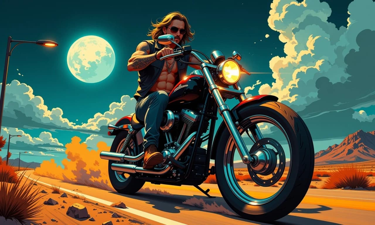 A masterpiece,  in the style of the 1980s, with bold lines, dynamic strokes and rich textures, on background with a touch of nostalgia, perhaps with subtle drawings inspired by cellulose and vintage, worn textures similar to paper,oil painting, Ultra-realistic cinematic night scene of a muscular tattooed biker tearing down a desert highway on a black cruiser motorcycle under a bright full moon and dramatic cloudscape, low-angle three-quarter front view, wind-swept long hair and sunglasses, leather vest, chained jeans, visible necklaces and detailed arm tattoos, powerful chrome engine and gleaming exhaust pipes, headlight lens flare and warm orange rim light mixing with cool moonlight, a lone streetlamp casting soft amber glow to the left, dust and tire smoke trailing behind, motion blur on the road and distant scrubby desert landscape, crisp sharp focus on the rider’s face, hands and motorcycle details, volumetric moonlight shafts, high contrast teal-orange cinematic color grade, intense moody atmosphere, photoreal textures, subtle film grain,  shallow depth of field, cinematic lighting and dramatic shadows.