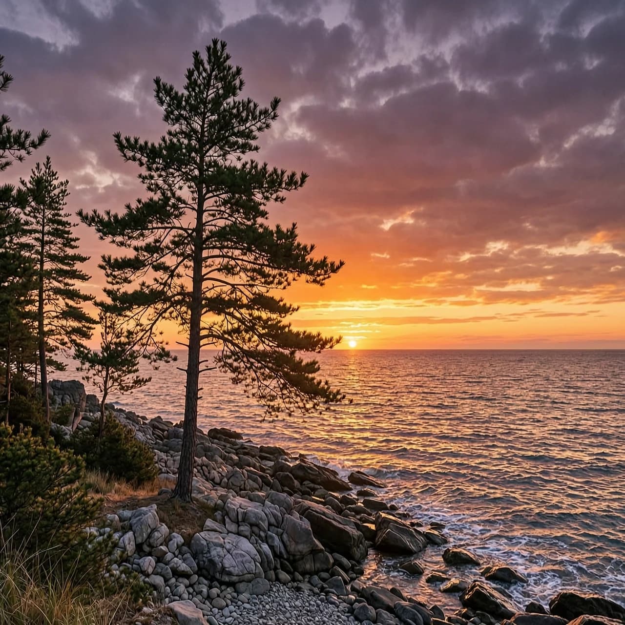 сосна на берегу моря закат