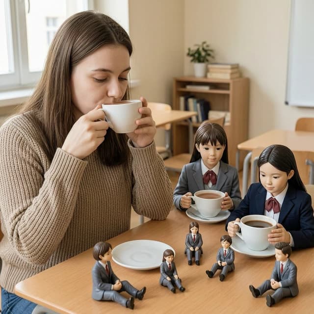 Молодая девушка учитель пьёт чашку какао где сидят уменьшеные учиницы, перед ней сидят учиницы котороые пьют из чашек кофе где сидят уменьшеные учиницы