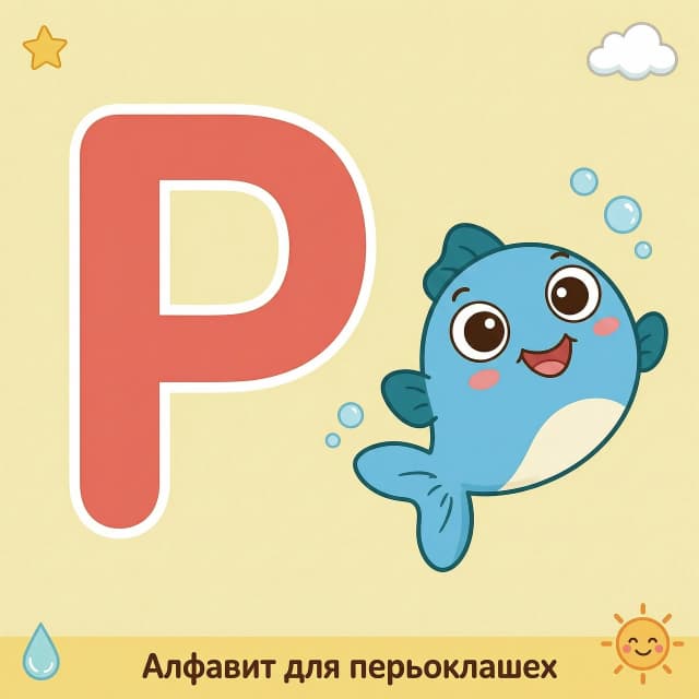 Мультяшная обучающая карточка формата А4 для первоклассников. Слева — крупная заглавная буква „р“ простым толстым шрифтом без засечек, высота буквы около 15 см. Справа — маленькая мультяшная рыба, стиль яркий и дружелюбный, крупные формы, минимум мелких деталей. Фон светло‑жёлтый, нейтральный, много „воздуха“. Стиль — детский мультфильм, мягкие контуры, насыщенные, но не кислотные цвета, без теней и сложной штриховки.