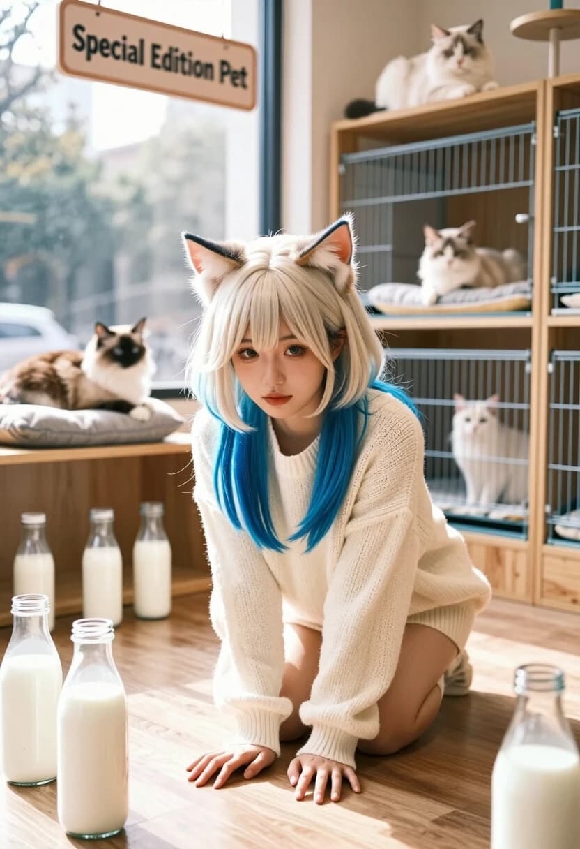 Photorealistic interior of a quirky pet shop. In the center — a young woman styled as a cat‑girl: platinum‑blonde hair with vivid blue tips, delicate cat ears, soft gaze. She’s posed in a half‑crouch, hands resting on the floor, mirroring a curious kitten. Around her — glass milk bottles with creamy liquid, natural daylight from a large window. Background: wooden shelves and cages with real cats lounging on cushions. The “cat‑girl” is presented not as an animal but as a cosplayer in a staged, humorous display: a playful sign above her reads “Special Edition Pet”. Subtle details: texture of her knit sweater, individual whiskers, soft fur on the ears, realistic skin. 8K, cinematic lighting, depth of field, ultra‑detailed textures, natural colors.