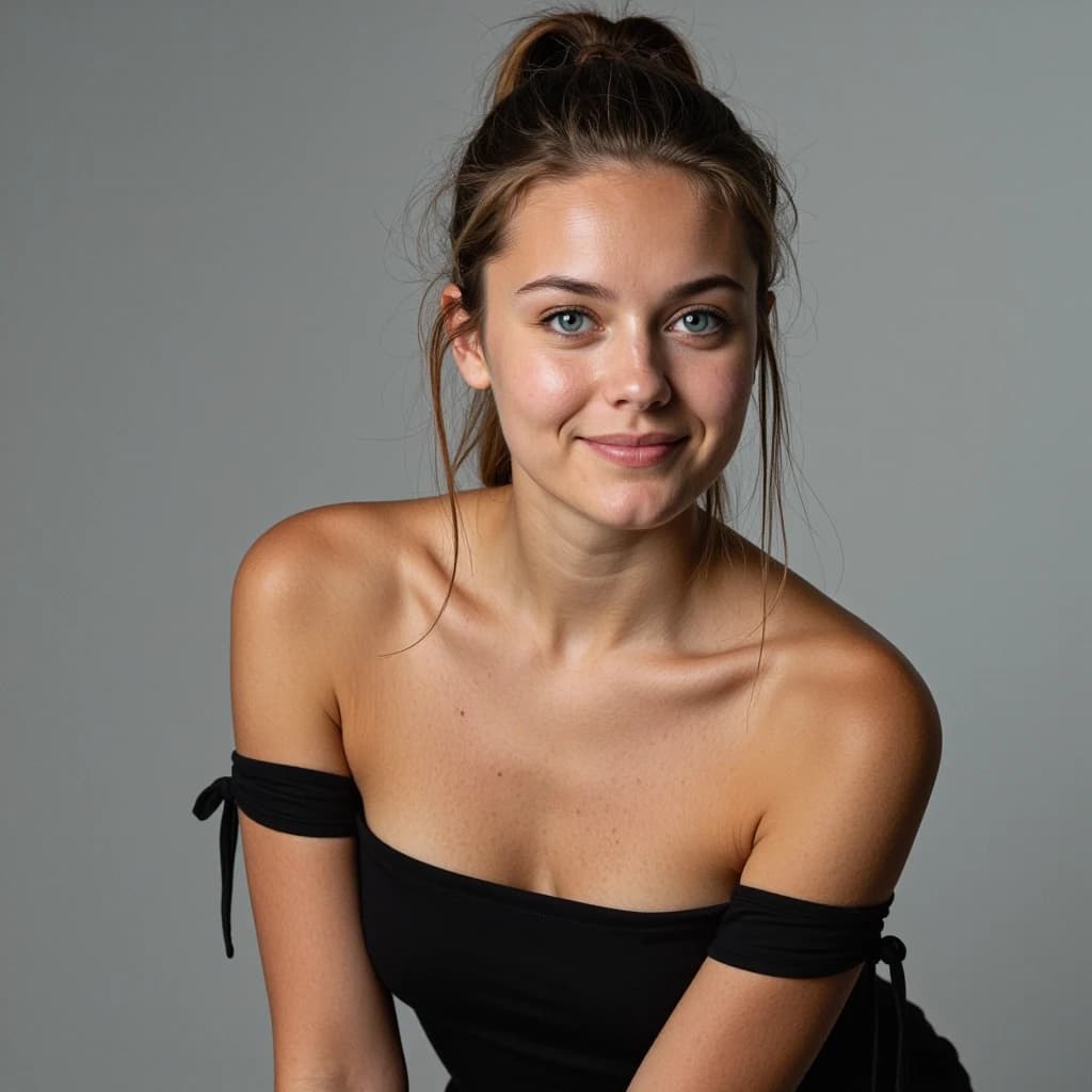 Молодая женщина (примерно 25–28 лет), стройная, светлая кожа, длинные волосы собраны на затылке, голубые/серые глаза, нейтральное уверенное выражение лица с лёгкой полуулыбкой. На ней: Чёрный топ с открытыми плечами. Поза: слегка наклонена вперёд, руки опущены, плечи расслаблены.
