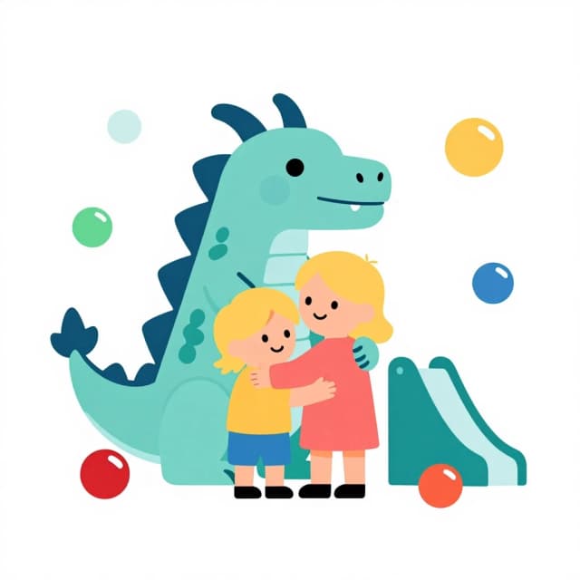 Flat vector illustration: a friendly dragon hugging Caucasian children and parents with blond hair. Around them are toy balls, skittles, and a slide. Minimalist shapes, pastel colors, white background. Perfect for a cover image.