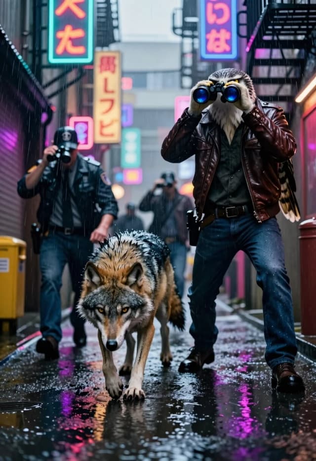 A dynamic, realistic scene in a rain-slicked neon alleyway. A group of anthropomorphic detective-beasts are tracking a lead. A wolf-detective is on all fours, sniffing the ground with intense focus, his fur wet from the rain. Beside him, a hawk-hybrid in a leather jacket is perched on a fire escape, looking through binoculars with sharp, golden eyes. Neon signs in Japanese and English reflecting in the puddles. Hyper-realistic rain droplets on fur and leather. 8k, cinematic action shot, volumetric fog, vibrant neon colors against a dark backdrop, shot on 24mm wide lens, extreme detail.