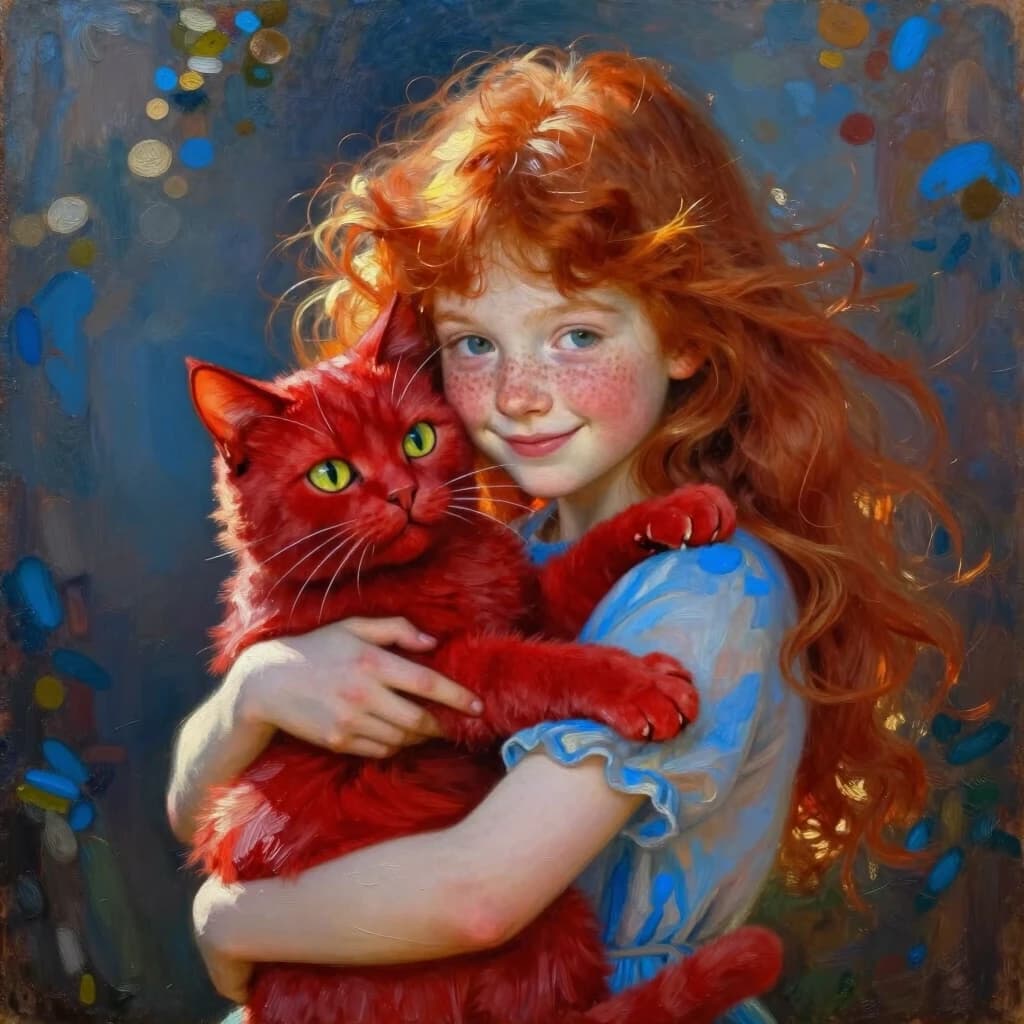 A cheerful red-haired girl holds a big red cat in her arms, hugging it. The girl has fluffy bright red hair, a freckled face, the sun's rays play in her hair, emphasizing its volume. The cat's face is crazy. Sunlight from above and from the side, diffused, blue diffused shadows on the girl and the cat. Abstract background, blurry light spots. Exquisite detailing, a masterpiece, oil painting, soft transitions, pure colors of the solar spectrum. art by Valentin Serov, Zinaida Serebryakova.