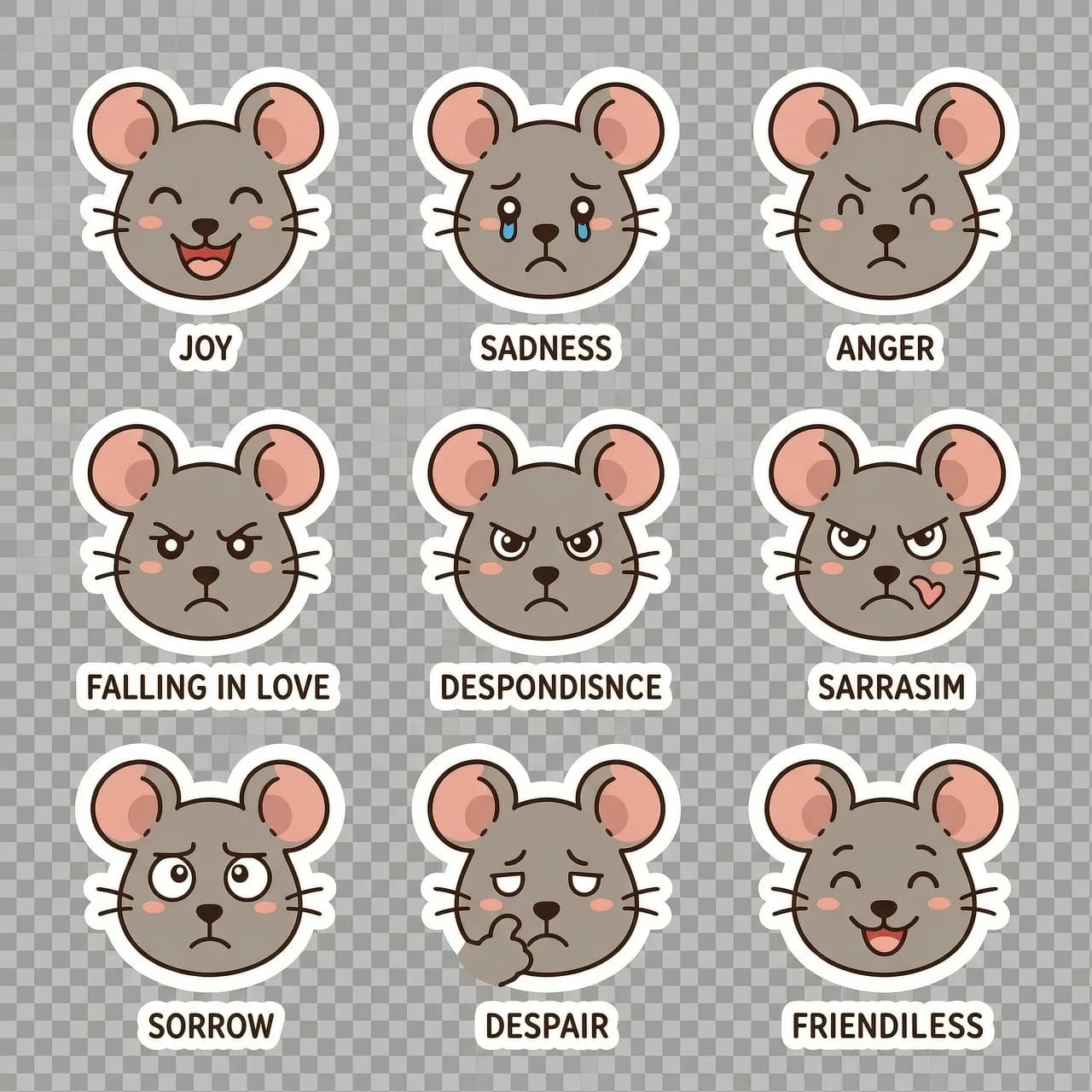 Generate a cute 2D rat with a white outline.
A set of 10 minimalist vector stickers on a transparent background featuring various emotions:
joy
sadness
anger
falling in love
despondency
aggression
sarcasm
sorrow
despair
friendliness