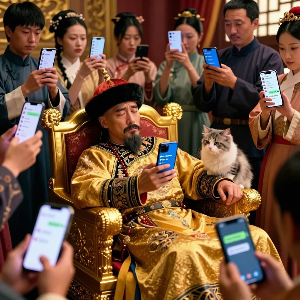 Cinematic humorous photorealistic shot of a weary emperor in full imperial regalia slumping on a golden throne, holding a smartphone. Around him, a crowd of advisors, servants, and subjects all hold phones, sending him endless messages. His phone screen glows, showing thousands of unread notifications: "Urgent", "Sign this", "Your Majesty", but only one pinned chat: "Mom: Call me". A fluffy cat sits on the throne's armrest, looking at him with understanding. The room is opulent but absurdly crowded with people who are all looking at their screens, not at him.. Playful, ironic, relatable, warm lighting, photorealistic, shallow depth of field, 4:5 aspect ratio.