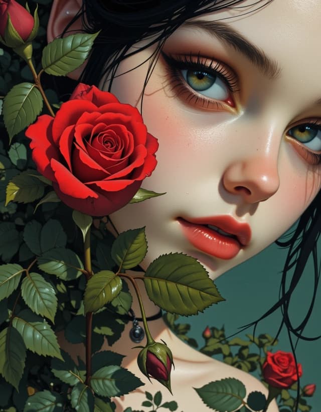 A masterpiece. Oil painting. ((Image of a beautiful girl with a rose.)). Close-up. High resolution. High quality. Increased attention to small details. Hyperrealistic surrealistic style, fantasy. Increased attention to the smallest details and texture. The author is Repin.