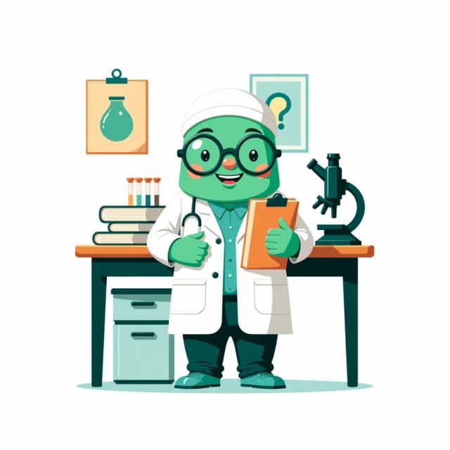 Flat vector illustration, cute green medical mascot character wearing a white doctor's coat and round glasses, standing confidently in front of a medical study desk, holding a clipboard and an open book, cozy medical study desk layout, open anatomy books, microscope, test tubes, pastel mint green, white, and light blue color palette, soft studio lighting, clean and professional design, no harsh shadows, isolated minimalist white background, high resolution, uniform style, no text, --ar 4:3 --v 6.0 --style raw