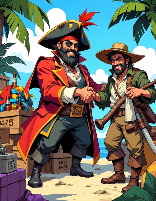 A masterpiece,  in the style of the 1980s, with bold lines, dynamic strokes and rich textures, on background with a touch of nostalgia, perhaps with subtle drawings inspired by cellulose and vintage, worn textures similar to paper, oil painting, Cartoon illustration of a cheerful pirate on a tropical beach in 17th-century Santo Domingo. He wears an oversized tricorn hat with a large feather, a tattered red coat, and a prominent eyepatch. He is surrounded by a pile of exaggerated contraband goods: colorful silks, wooden crates with Dutch markings, small bottles of rum, and iron tools. A smiling Dominican colonist, dressed in simple, worn cotton clothing and a rustic straw hat, hands him a rolled cow hide in exchange for a pair of shiny leather boots. The pirate has a mischievous grin and a bushy beard. Palm trees and the Caribbean sea in the background. Bright, saturated colors, thick black outlines, playful art style. celshading, simple background