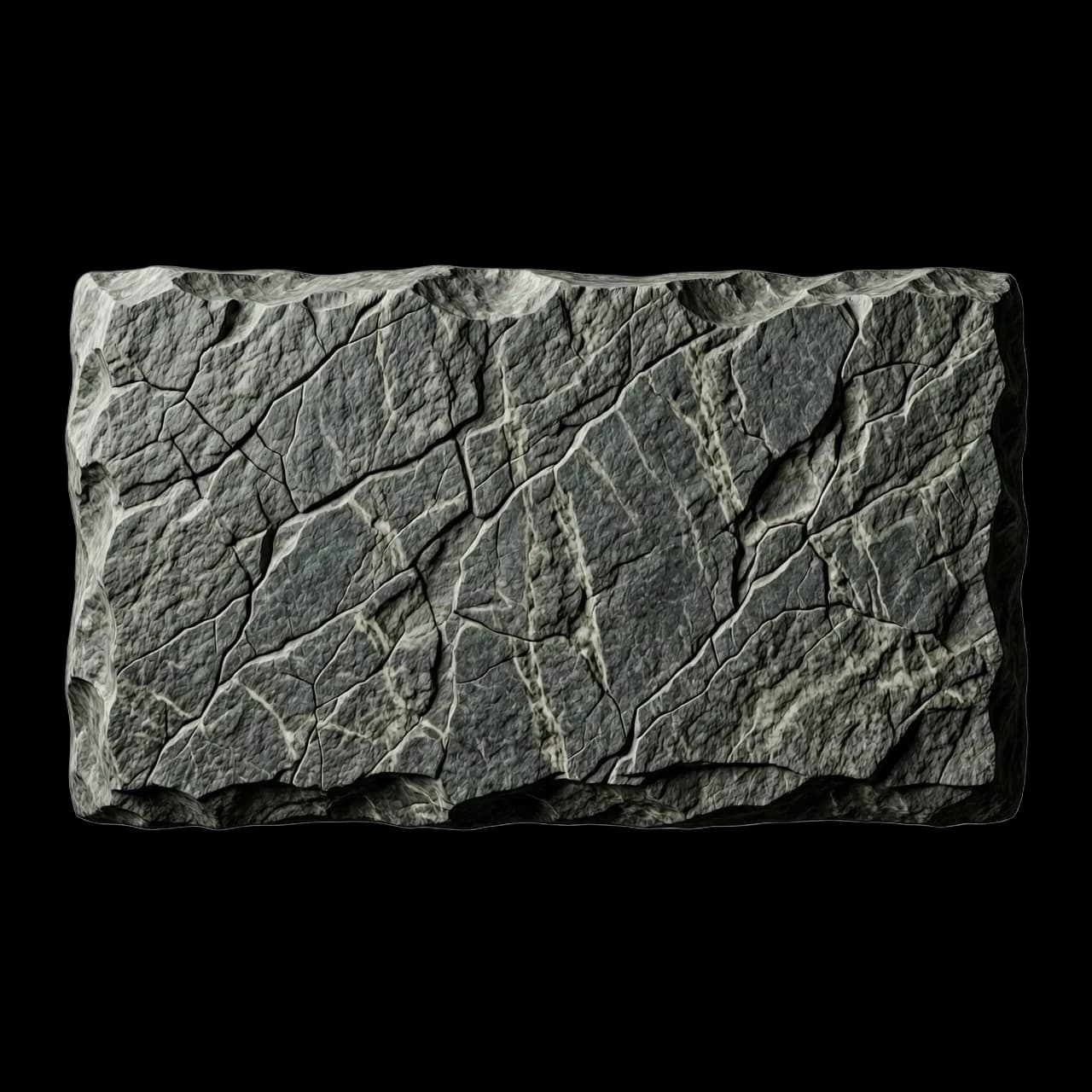 A high-quality isolated asset for Photoshop: a rectangular floating slab made of textured dark grey granite stone, designed as a text background plate. The stone features realistic micro-cracks, subtle mineral veins, and a rugged, weathered surface with fine granular details. Cinematic side lighting to emphasize the tactile relief and heavy texture. Sharp focus, macro photography style, studio lighting. The object is centered on a solid, clean, plain white background for easy masking and removal. Hyper-realistic 8k render, photorealistic stone material, neutral moody atmosphere, high contrast between light and shadow on the stone edges.