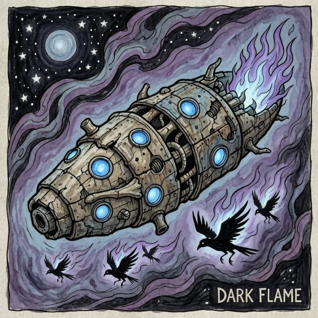 Spaceship "Dark Flame" in the dark surrealist style of Max Ernst, distorted cigar-shaped hull resembling ancient bone and weathered metal, chaotic glowing blue portholes like scattered eyes, cold violet flame transforming into eerie bird-like shadows in cosmic dust, background of melting starry sky with fluid nebula clouds, unsettling atmosphere, frottage texture technique, cold color palette, eerie and mysterious, biomechanical elements, high contrast.