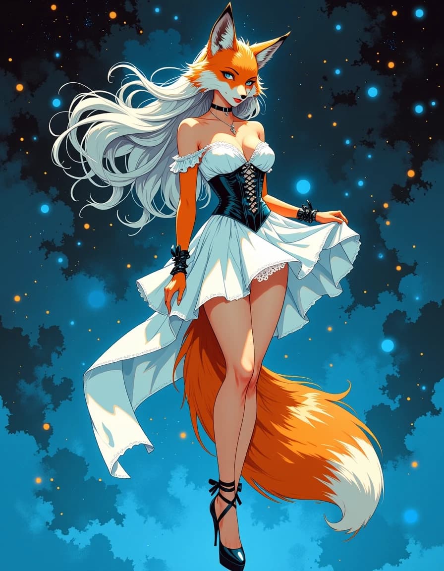 A masterpiece,  in the style of the 1980s, with bold lines, dynamic strokes and rich textures, on background with a touch of nostalgia, perhaps with subtle drawings inspired by cellulose and vintage, worn textures similar to paper, oil painting, Anthropomorphic female fox in a full-body 3/4 frontal pose, elegant fantasy composition: tall slender fox-woman with rich orange fur and white markings, long flowing silver-white hair blowing in a gentle wind, luminous ice-blue eyes, delicate fox muzzle and upright ears with dark tips. She wears a white lace dress with black lace corset and ribbon lacing, small black bows, a short frilly skirt with a long translucent train draped to the side, and black high-heeled shoes with ankle ribbons. Large fluffy orange-and-white tail, graceful hand holding the skirt. Deep azure starry background with swirling magical light particles, soft bokeh and sparkles. Cinematic rim and soft key lighting, subtle glow around hair and particles, dynamic motion in hair and fabric. Emphasize realistic fur texture, intricate lace detail, fabric translucency, skin-to-fur transitions, high-detail rendering, vibrant color contrast (orange, white, blue), shallow depth of field, ultra-detailed fantasy digital painting, polished, high-resolution, dramatic yet delicate mood