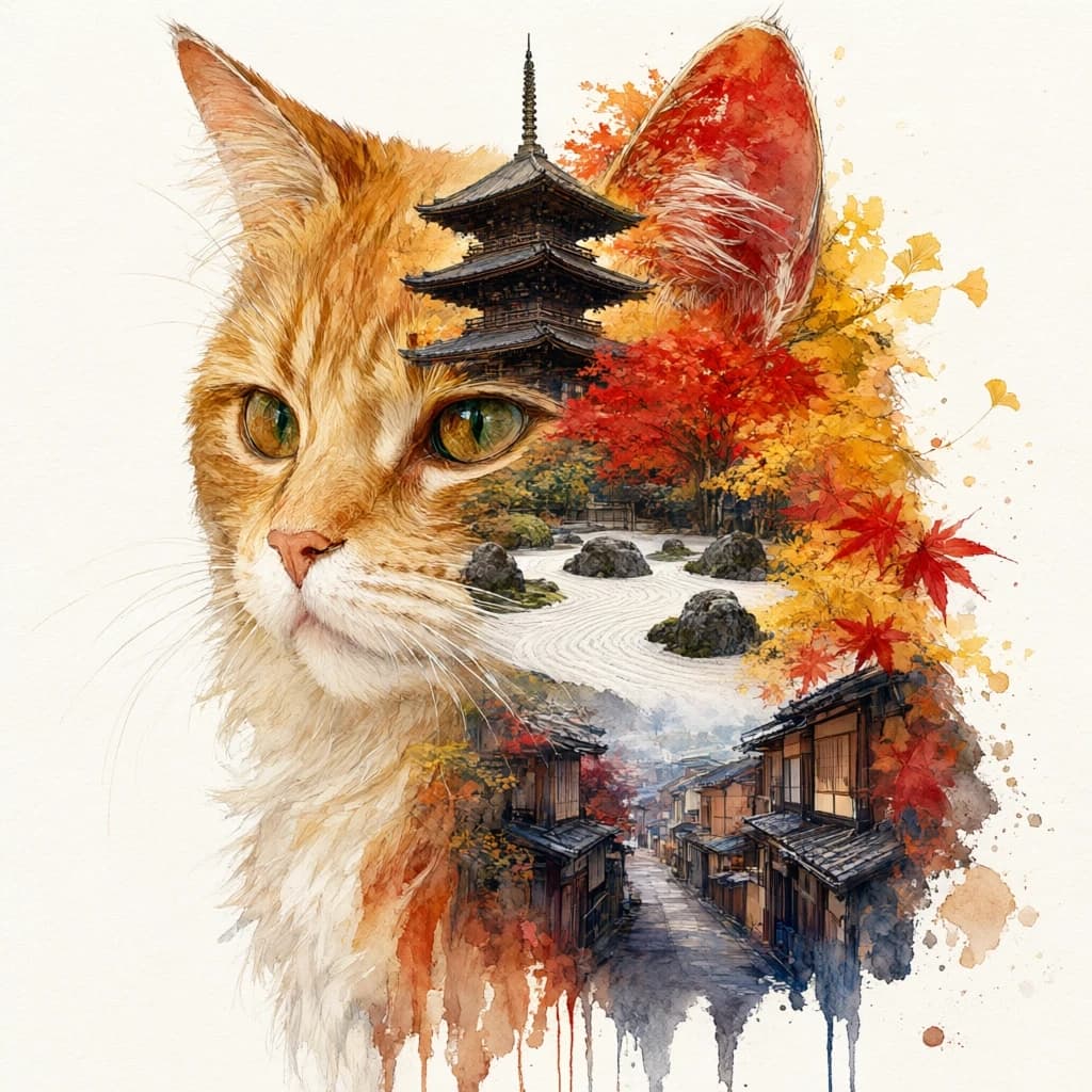 A masterpiece. The painting is done in watercolors. (Double exposure:1.8). (Portrait of a fabulously beautiful cat:1.8). In the background, there are views of Japan at that time: a pagoda, a garden of stones. The whole painting is united by an old autumn city landscape. High quality. High resolution. Increased attention to small details, clear contours. Intense close-up. Bold strokes, drips, spots. Watercolor style. Artist: Levitan, Sergey Andriaka.