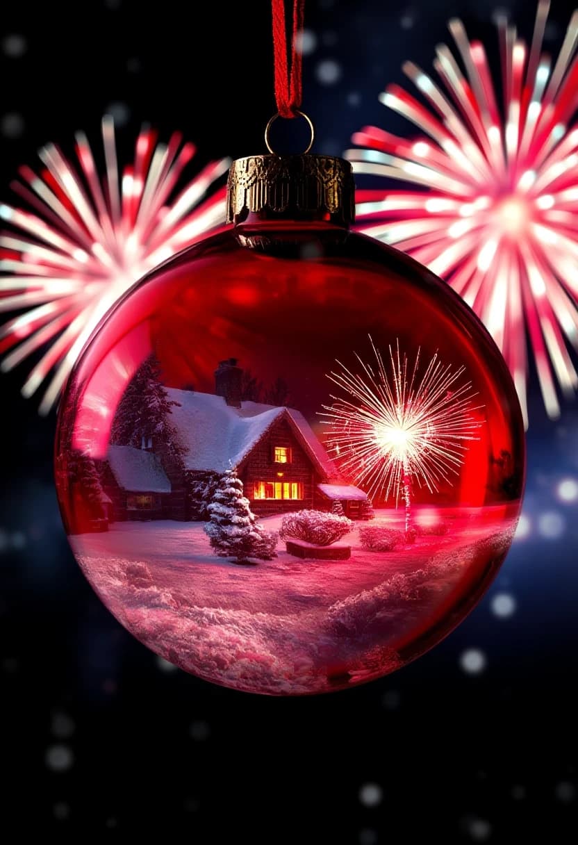 A hyperrealistic digital double exposure artwork for New Year's. Three distinct images are seamlessly blended: the detailed, reflective surface of a red glass bauble, a snowy fairytale landscape with a cozy cottage, and the vibrant, colorful explosion of a firework in a night sky. Expert mixing of textures – smooth glass, soft snow, sparkling light trails. Rendered in a trending Artstation style with extreme photorealism, intricate details, and a magical, layered composition that evokes holiday wonder.