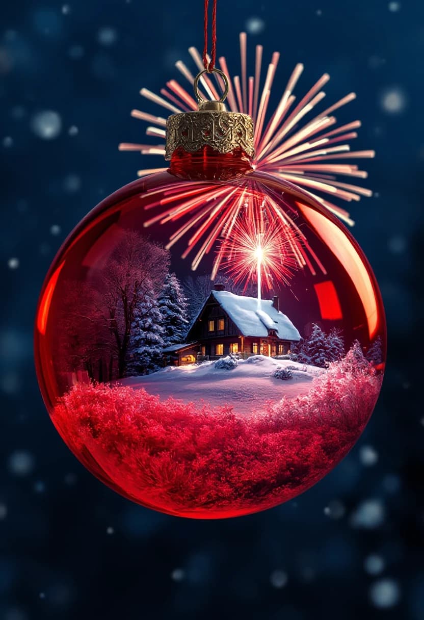 A hyperrealistic digital double exposure artwork for New Year's. Three distinct images are seamlessly blended: the detailed, reflective surface of a red glass bauble, a snowy fairytale landscape with a cozy cottage, and the vibrant, colorful explosion of a firework in a night sky. Expert mixing of textures – smooth glass, soft snow, sparkling light trails. Rendered in a trending Artstation style with extreme photorealism, intricate details, and a magical, layered composition that evokes holiday wonder.