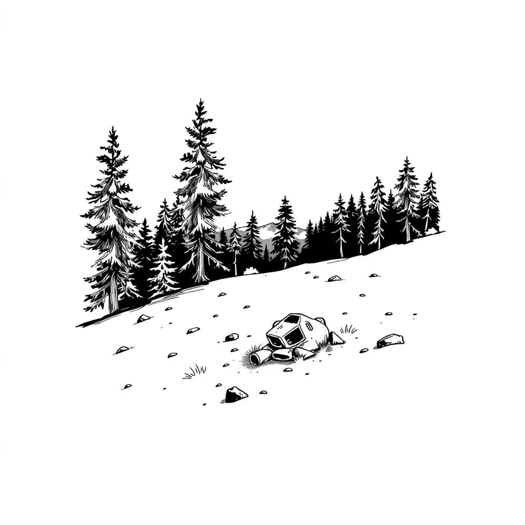 A black and white illustration in the art style of Stanford Pines’ journal from Gravity Falls: sketchy ink lines with light cross‑hatching, like pen drawing on aged paper, no color. The image is placed on the right side of an A5 diary page, leaving the left side mostly blank for text. Show a small clearing on the slope of a hill covered with dense coniferous forest: pine and fir trees rising above and below the clearing on the slope. The clearing itself is relatively flat, with grass, stones and a few simple wooden stakes or rough outline marks indicating the future foundation of a cabin and secret laboratory. In the background, between the trees, hint at a distant valley and maybe a glimpse of a lake far below, but keep the focus on the hillside clearing. Composition: most of the drawing occupies the right half of the page; the left half remains almost empty, only light tree silhouettes at the edge so text will be easily readable. Mood: quiet, isolated, slightly mysterious, ideal place for research. No characters, no text, no logos, just the hillside clearing and coniferous forest, in Ford’s journal illustration style.