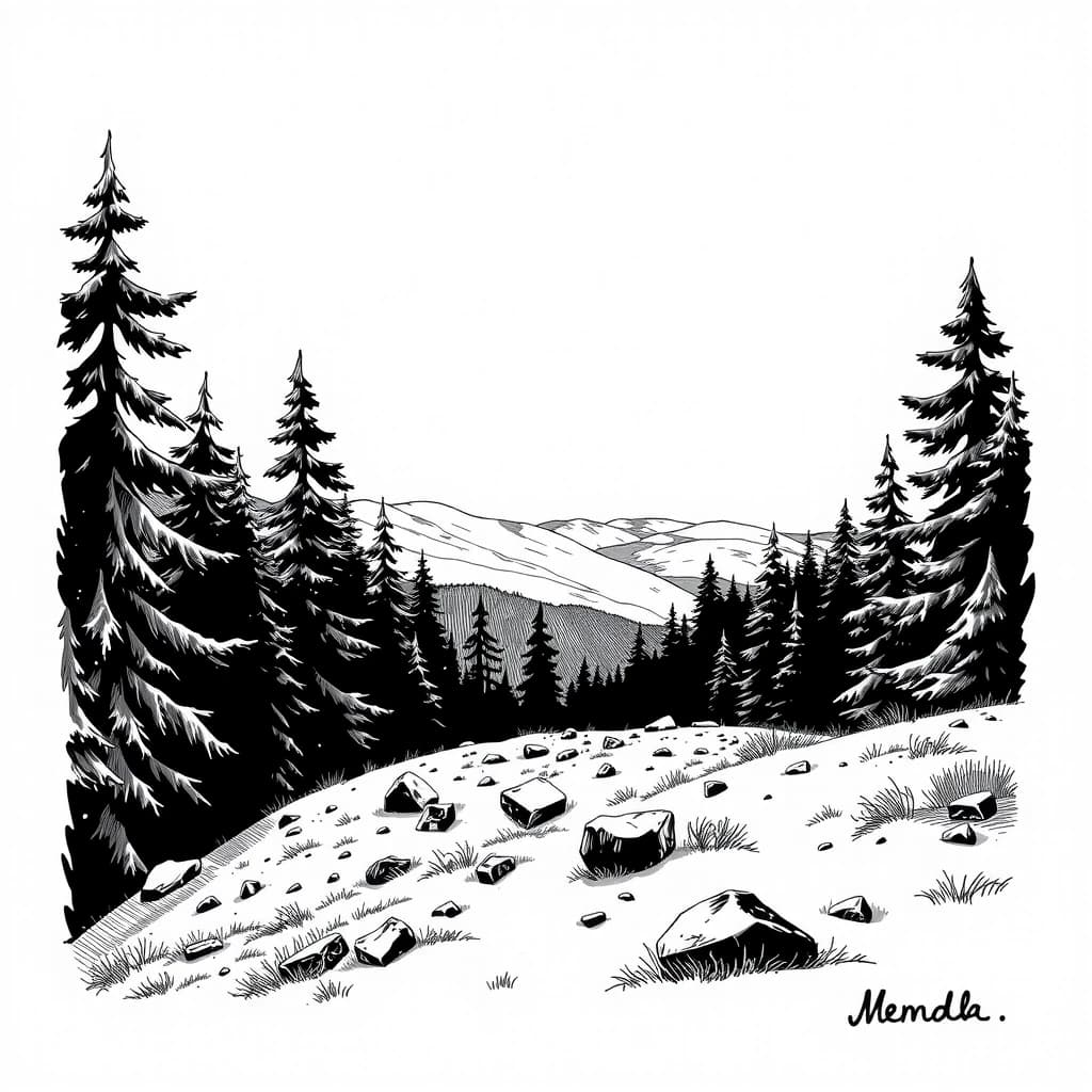 A black and white illustration in the art style of Stanford Pines’ journal from Gravity Falls: sketchy ink lines with light cross‑hatching, like pen drawing on aged paper, no color. The image is placed on the right side of an A5 diary page, leaving the left side mostly blank for text. Show a small clearing on the slope of a hill covered with dense coniferous forest: pine and fir trees rising above and below the clearing on the slope. The clearing itself is relatively flat, with grass, stones and a few simple wooden stakes or rough outline marks indicating the future foundation of a cabin and secret laboratory. In the background, between the trees, hint at a distant valley and maybe a glimpse of a lake far below, but keep the focus on the hillside clearing. Composition: most of the drawing occupies the right half of the page; the left half remains almost empty, only light tree silhouettes at the edge so text will be easily readable. Mood: quiet, isolated, slightly mysterious, ideal place for research. No characters, no text, no logos, just the hillside clearing and coniferous forest, in Ford’s journal illustration style.