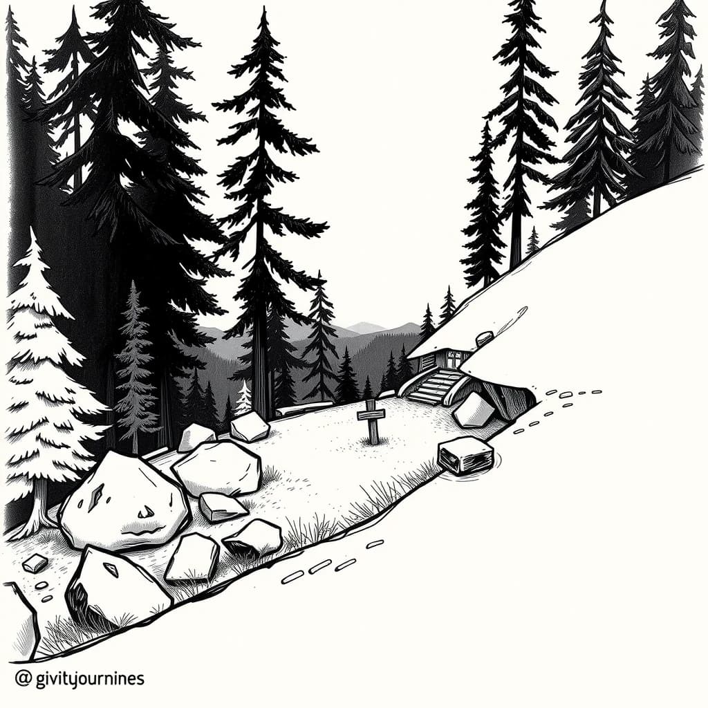 A black and white illustration in the art style of Stanford Pines’ journal from Gravity Falls: sketchy ink lines with light cross‑hatching, like pen drawing on aged paper, no color. The image is placed on the right side of an A5 diary page, leaving the left side mostly blank for text. Show a small clearing on the slope of a hill covered with dense coniferous forest: pine and fir trees rising above and below the clearing on the slope. The clearing itself is relatively flat, with grass, stones and a few simple wooden stakes or rough outline marks indicating the future foundation of a cabin and secret laboratory. In the background, between the trees, hint at a distant valley and maybe a glimpse of a lake far below, but keep the focus on the hillside clearing. Composition: most of the drawing occupies the right half of the page; the left half remains almost empty, only light tree silhouettes at the edge so text will be easily readable. Mood: quiet, isolated, slightly mysterious, ideal place for research. No characters, no text, no logos, just the hillside clearing and coniferous forest, in Ford’s journal illustration style.
