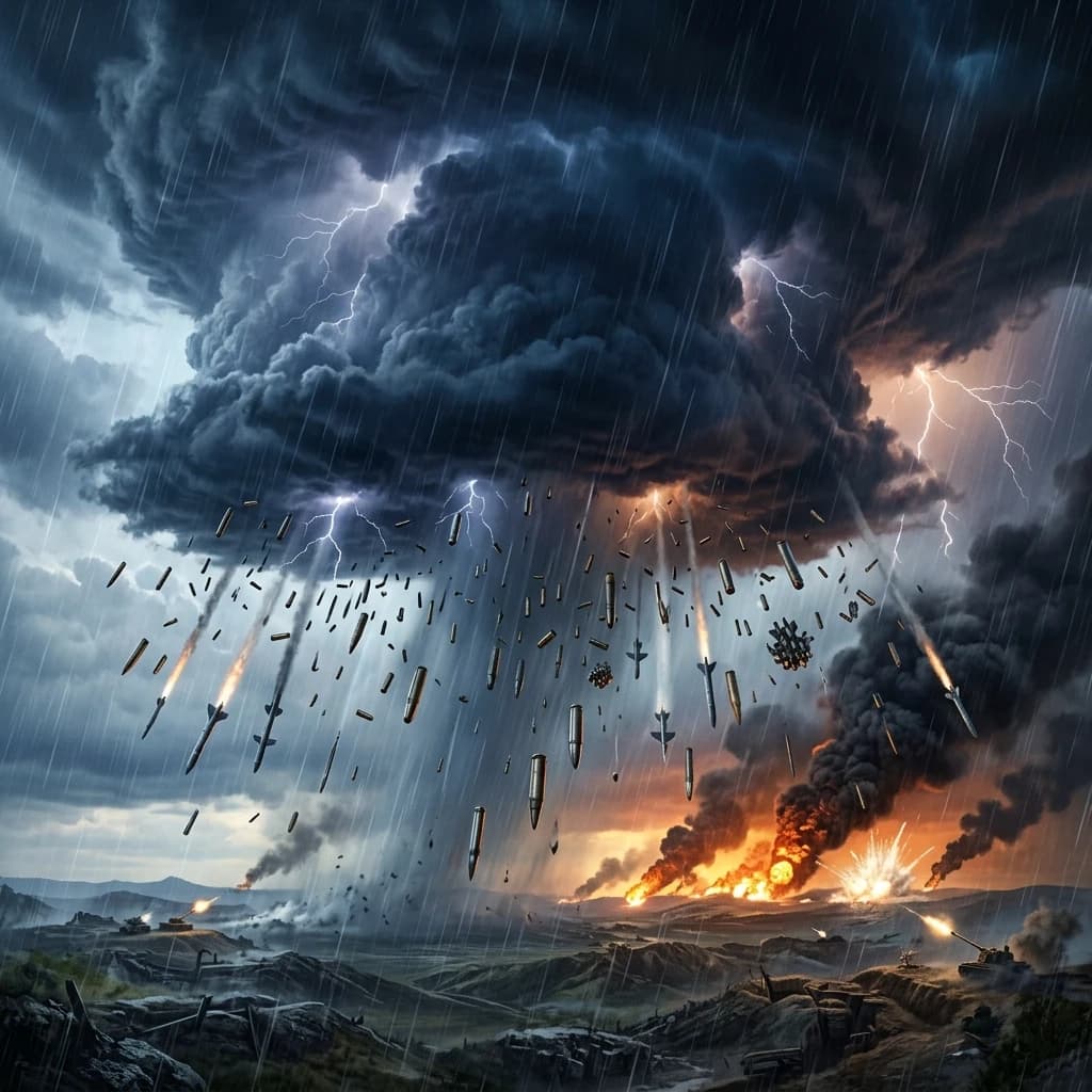 Majestic cinematic hyper-realistic digital art depicting a chaotic under a colossal thunderstorm. Mid-shot focus In the center, a massive, menacing thundercloud with dark, bruised textures and internal flashes of lightning. A torrential downpour from this cloud of freezing rain is violently mixed with a deadly barrage of falling bullets, military rockets, torpedoes, and heavy ballistic missiles, creating a sense of diagonal vertical kinetic motion. On the distant horizon, the sky is torn apart by fiery orange explosions and the viscous, glowing texture of spreading napalm, casting an eerie, hellish light against the cold, dark clouds. Volumetric lighting, high contrast between the cold blue storm and the warm inferno, intricate details of metallic projectiles and fluid motion, epic scale, dark atmospheric mood, rendered in Octane, 8k resolution.