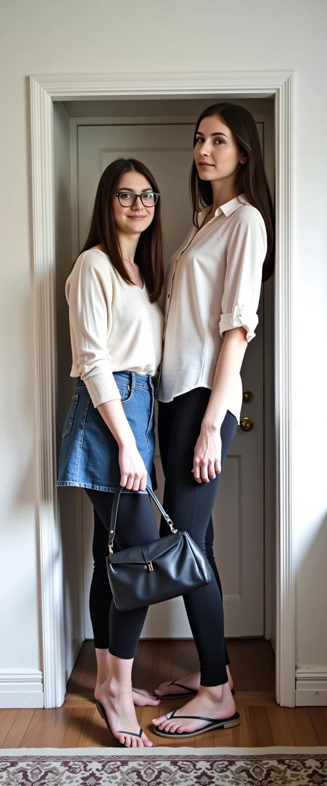 A vertical shot taken with a mobile phone camera: two friends are standing by the door in an ordinary Moscow apartment. Both of them are considered tall, and that’s the whole point — a tall woman with someone much taller.

On the left is Oksana, 32 years old, 190 cm tall: a relaxed pose, a slight smile, as if she’s capturing the moment for memory. She’s wearing a light top, a denim skirt, and open‑toed shoes; she has a handbag in her hand and glasses on her nose. Her gaze is directed at the camera, and her expression conveys a hint of surprised admiration. she is aware of the contrast and feels her growth in a new way for the first time.

On the right is Irina, 225 cm: . She's wearing a light blouse, leggings, flip-flops. Her gigantic height is immediately striking: she almost rests her head on the top edge of the frame, she is much taller than the door, and her shoulders occupy a significant part of the space.

The interior is typical for a Moscow apartment: a closet next to the door, a carpet with a discreet pattern on the floor; . Lighting — daylight from the window: ,

The main thing is to clearly show the difference in height: Irina is 35 cm taller than Oksana, and this isn’t a special effect — emphasize the difference in their heights.