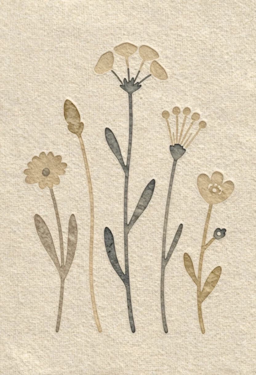 Beige linen background with a dense, well‑defined texture of watercolour paper. Like a logo or a tattoo. Beige on beige. An expressive embossing effect. An image in the style of Marimekko Unikko prints. Six stems with different wildflowers. The stems are at the same level. Minimalism, primitivism, naivety. Everything is done using embossing. Light colouring. With elements of Art Nouveau and Art Deco. Relief.