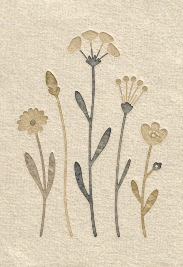 Beige linen background with a dense, well‑defined texture of watercolour paper. Like a logo or a tattoo. Beige on beige. An expressive embossing effect. An image in the style of Marimekko Unikko prints. Six stems with different wildflowers. The stems are at the same level. Minimalism, primitivism, naivety. Everything is done using embossing. Light colouring. With elements of Art Nouveau and Art Deco. Relief.