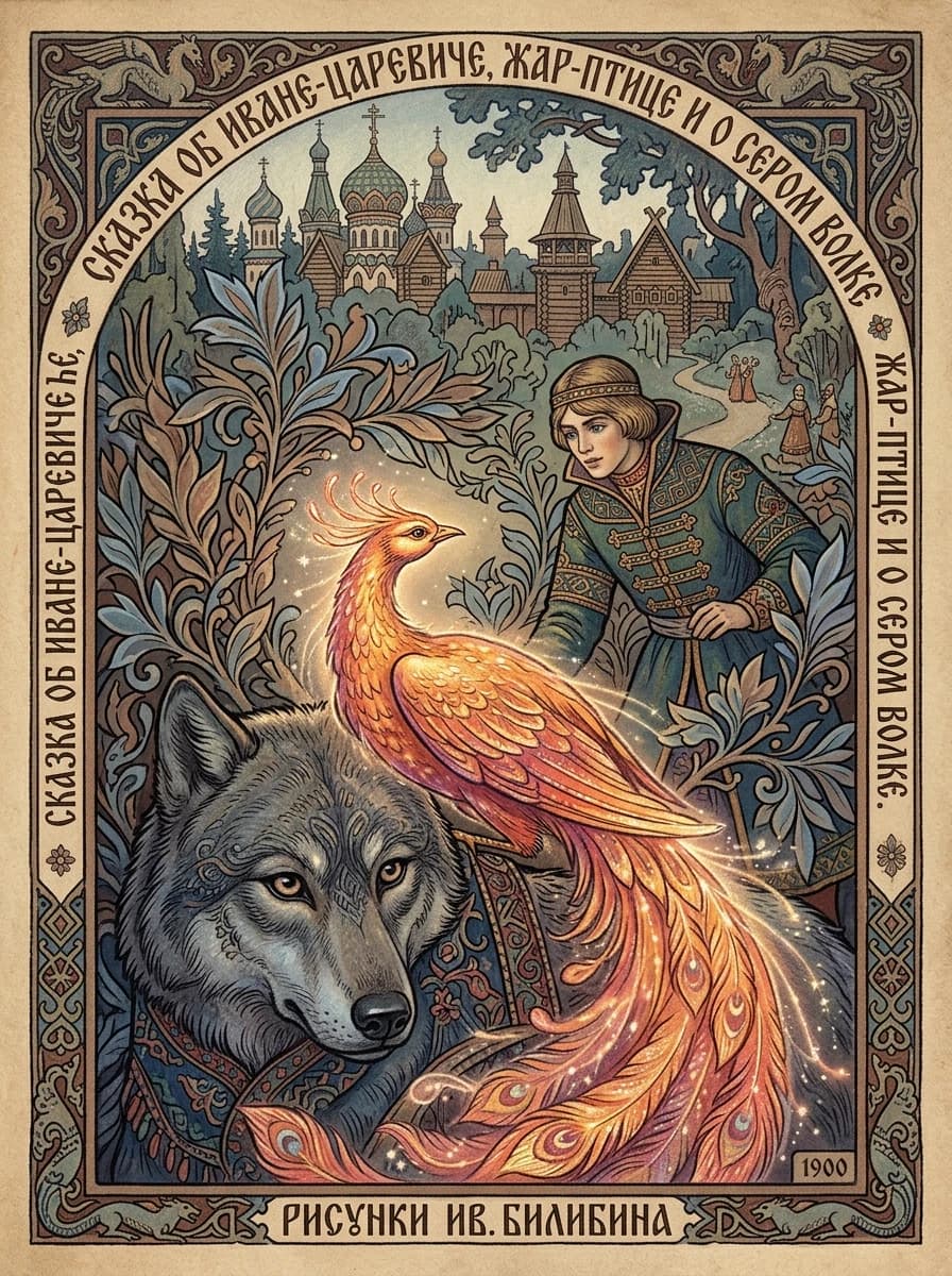 A real masterpiece. How artificial intelligence would depict: (Aesthetics: Impressionism. The image is made in the pastel technique. Book graphics by Ivan Bilibin, 1900 — the fairy tale "The Tale of Ivan Tsarevich, the Firebird and the Gray Wolf"). Intense close-up. High resolution. High quality. Increased attention to small details. Hyperrealistic style of surrealism, impressionism, fabulous book graphics. Increased attention to the smallest details and texture of book graphics. The author is Ivan Yakovlevich Bilibin.