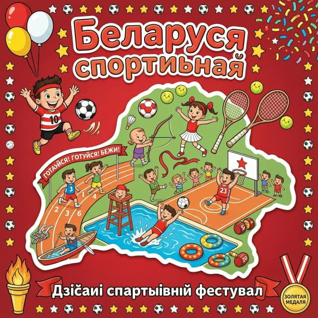Картинка для детей "Беларусь спортивная". Разный спортианый инвентарь в контуре Беларуси в стиле дисней