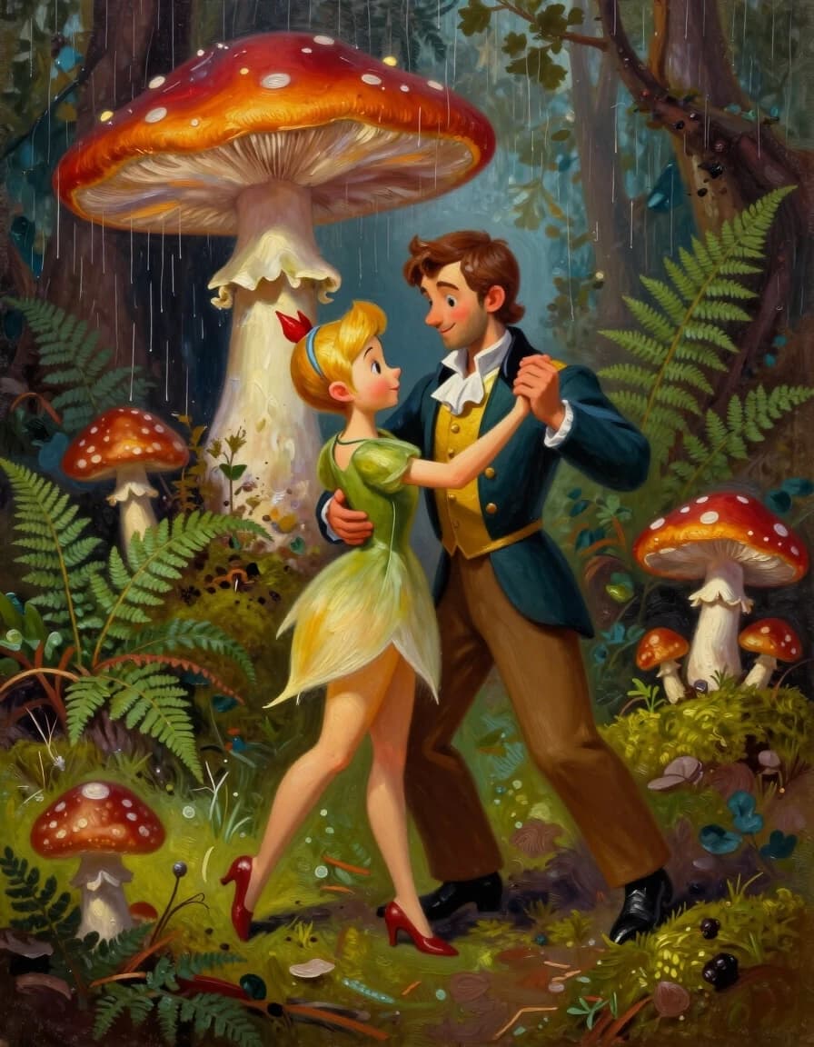A masterpiece. Creating an image. Style - painting, oil, cartoon style.((A secluded forest glade among ferns, mushrooms and moss, in the foreground Thumbelina and Prince waltz together under a warm mushroom rain:1.6)). High resolution. High detail and clear texture. Close-up. High quality. Increased attention to small details. The aspect ratio is 3:4. The artists are Levitan, Shishkin.