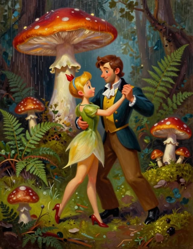 A masterpiece. Creating an image. Style - painting, oil, cartoon style.((A secluded forest glade among ferns, mushrooms and moss, in the foreground Thumbelina and Prince waltz together under a warm mushroom rain:1.6)). High resolution. High detail and clear texture. Close-up. High quality. Increased attention to small details. The aspect ratio is 3:4. The artists are Levitan, Shishkin.