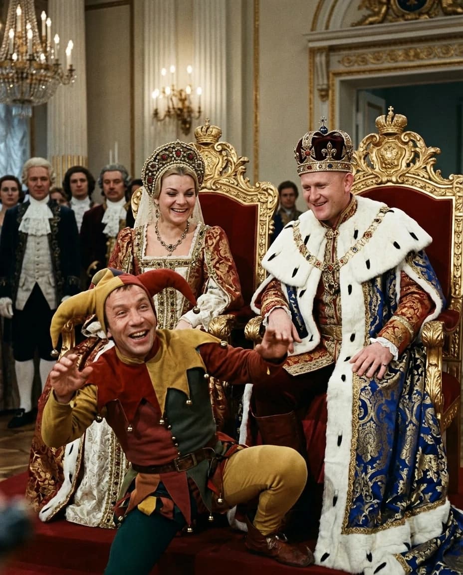 A high-quality cinematic film still from a classic Soviet color comedy movie, shot on 35mm film with authentic vintage color grading and natural film grain. In a lavish, richly decorated Russian imperial palace ballroom with gilded moldings and heavy velvet draperies, a Russian King and Queen sit on ornate thrones. The King and Queen must retain their exact facial features from the references, with realistic skin tones and perfect anatomical proportions. They are dressed in exquisite, historically inspired royal regalia made of heavy brocade, ermine fur, and sparkling jewels. In the foreground, performing for them, is a jester played by Savely Kramarov, capturing his iconic expressive facial expressions and comedic energy, wearing a colorful motley costume with bells. The composition is a wide shot, balanced and cinematic, using soft, warm palace lighting from crystal chandeliers that creates a festive and joyful atmosphere. The image must look like a genuine, seamless frame from a high-budget 1970s Soviet film, avoiding any "photoshop" look, with realistic textures, depth of field, and authentic period atmosphere.