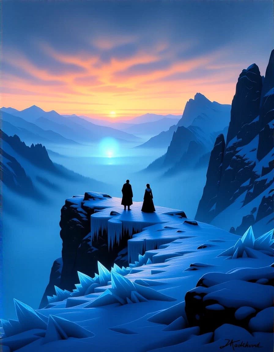 A true masterpiece, a highly detailed oil painting. A wide-angle landscape in the dark fantasy style, depicting the Vosges mountains at dawn. A cold dawn. Two figures—a man and a woman (dressed in 17th-century style)—stand on a jagged, icy mountain ridge. The ground is covered in sharp crystalline frost, glowing with a faint, ghostly blue phosphorescent light. In the distance, a mysterious glowing mist hovers in the valley below. Rugged, frozen rocks, a detailed, cold atmosphere, Gothic aesthetics. 17th-century engraving style, cinematic composition. In the style of Russ Mills. Soft, three-dimensional lighting matches the artistic style and colour palette. An epic, historical fantasy textured oil painting, 8k.