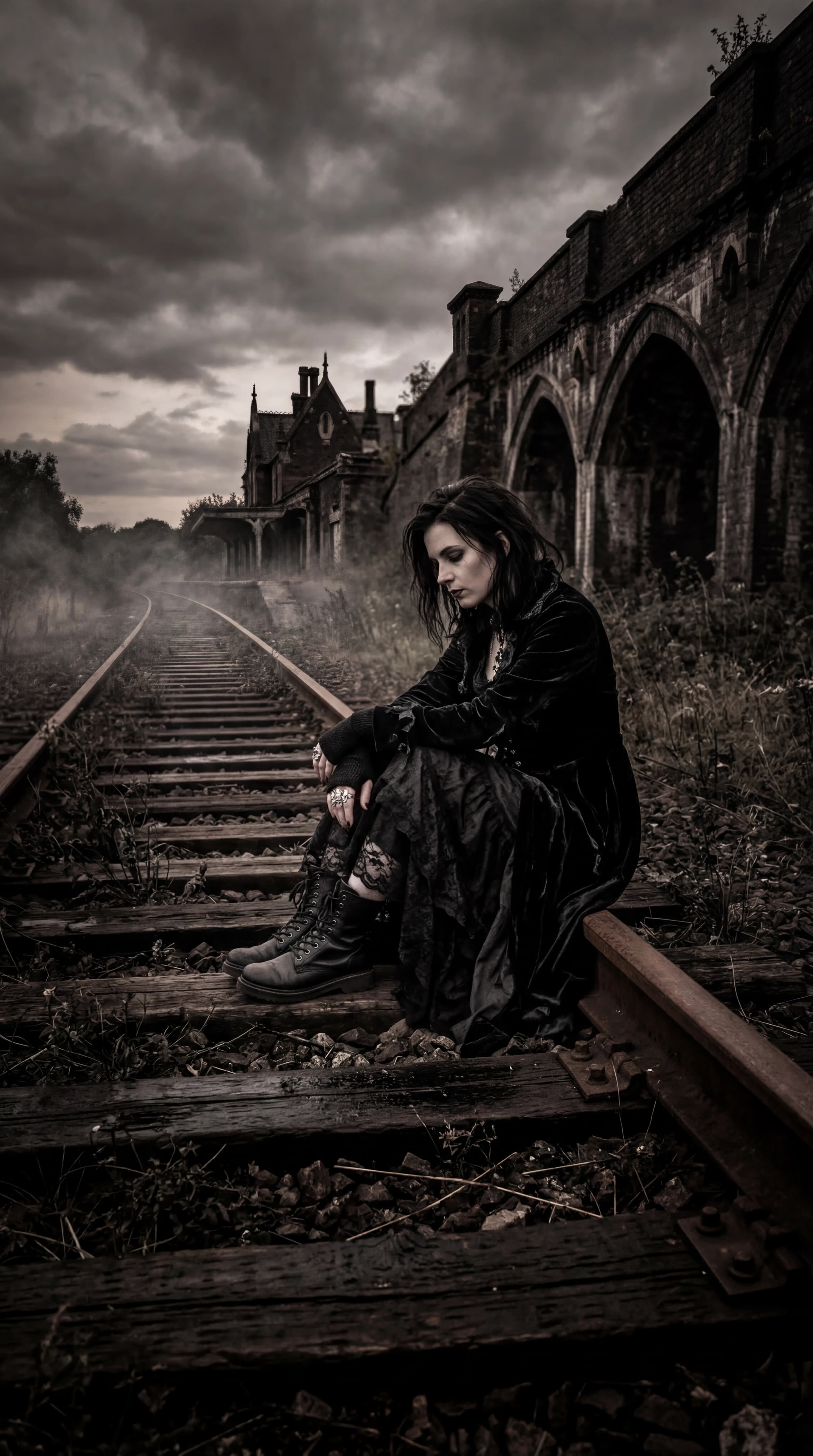 image of a person sitting on train tracks
