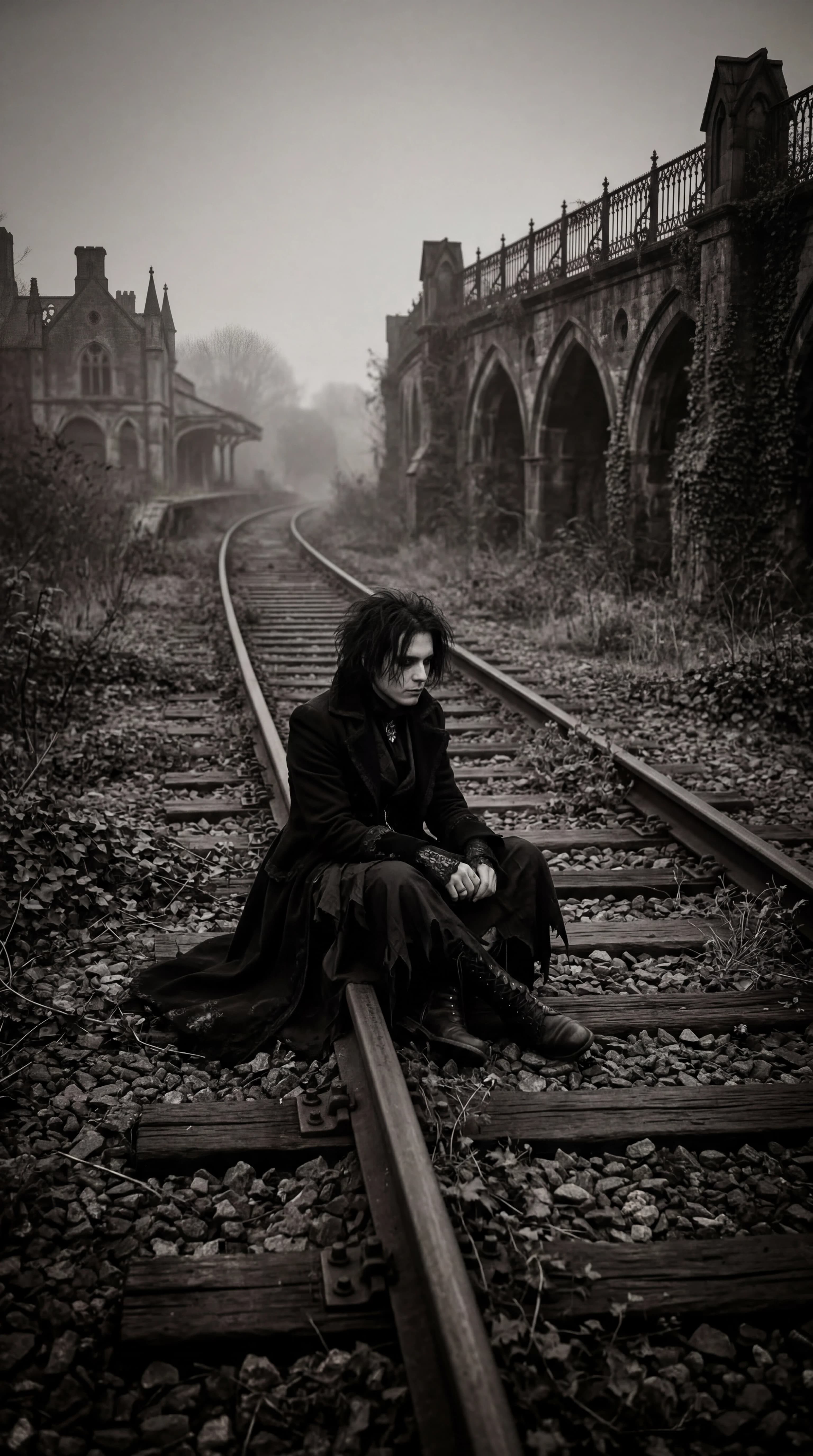 image of a person sitting on train tracks