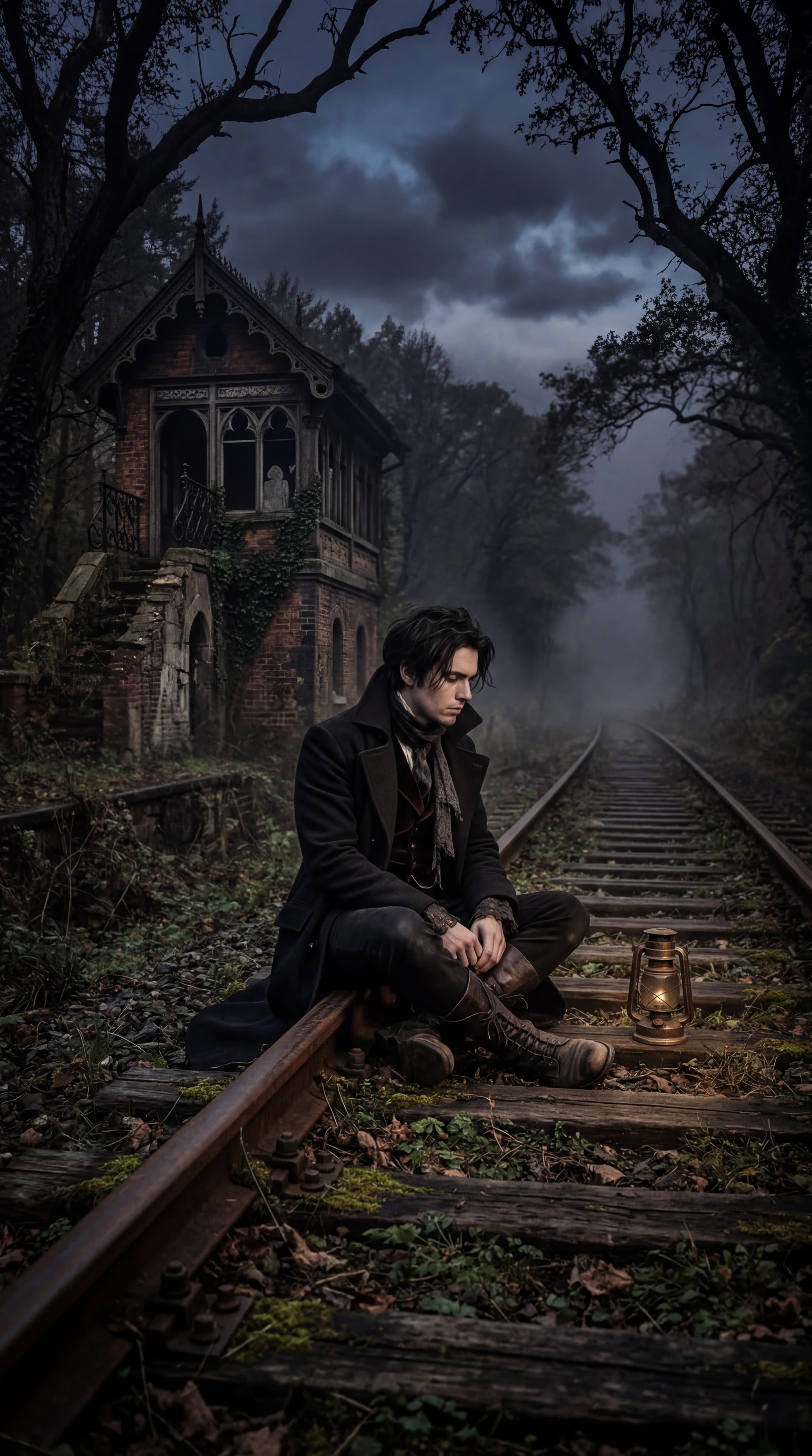 image of a person sitting on train tracks