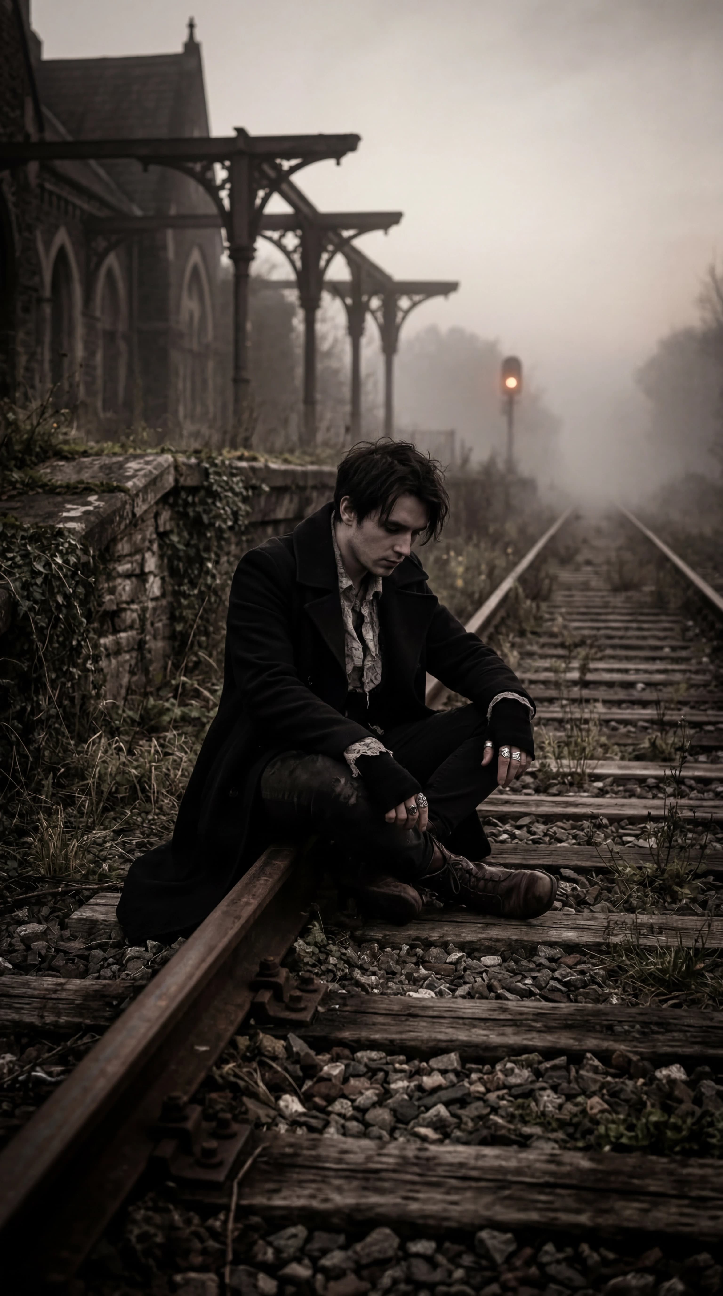 image of a person sitting on train tracks