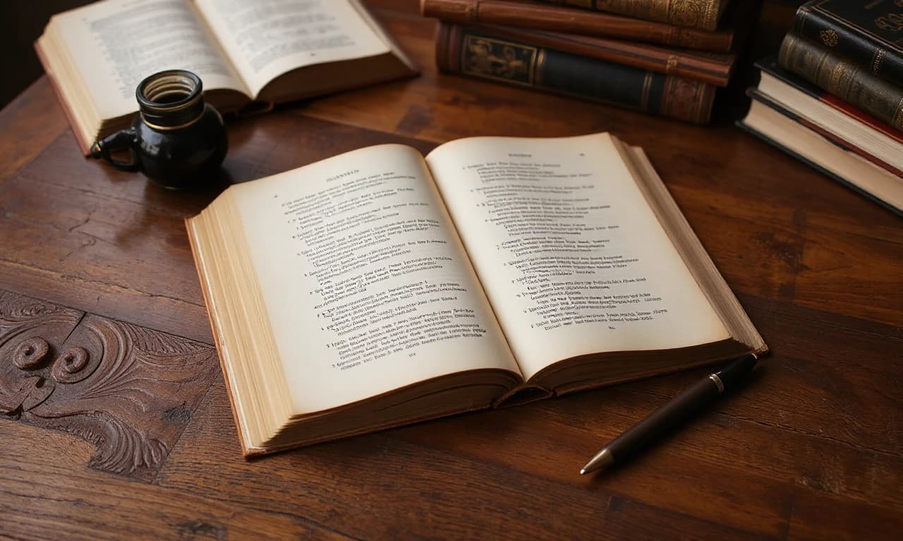 Раскрытая книга без надписей со слегка пожелтевшими страницами, лежащая на резном деревянном столе, рядом находятся перо и чернильница и стопки книг