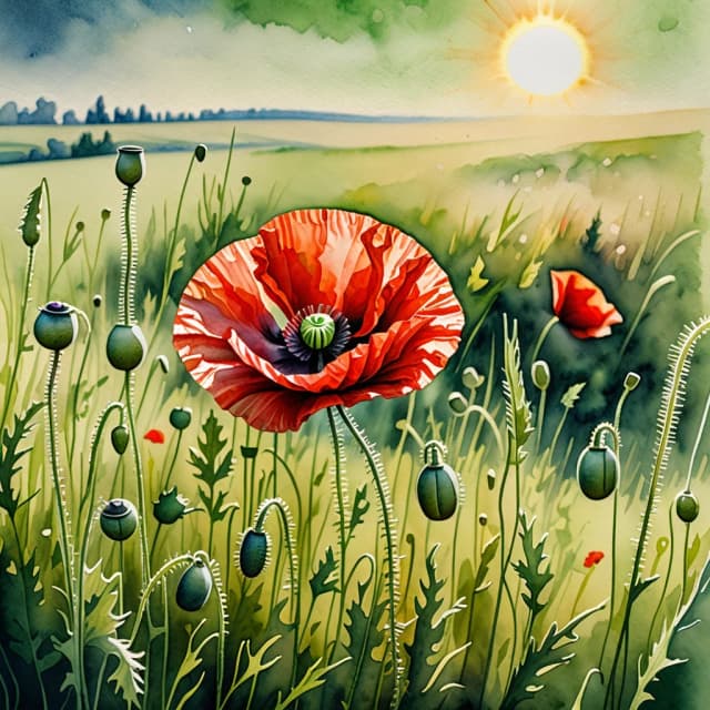 A masterpiece. Watercolor painting. (Image (of a red poppy flower:1.5) on a sun‑drenched, green meadow.)) Close‑up. High resolution. High quality. Increased attention to small details. Hyper‑realistic surreal style, fantasy, watercolor art. Increased attention to the tiniest details, texture, and surface. Author — Sergey Andriyaka.