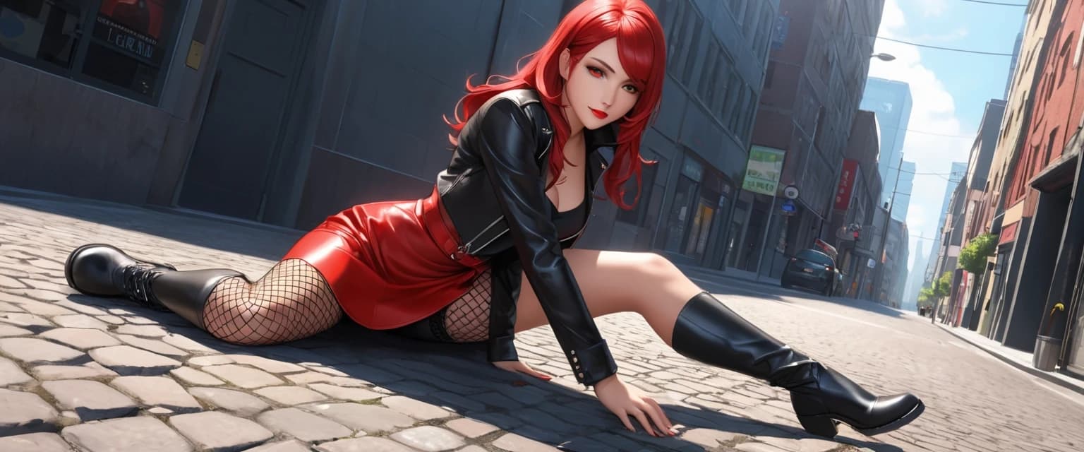 A human girl, very beautiful, full-length appearance, lying on the ground, emerald-colored eyes, sly gaze, bright scarlet lips with a natural shine, domineering gaze, straight fiery scarlet hair in full length to the pelvic area, the girl is dressed in a bright red short dress covering the pelvic area, black boots below the knees of a girl, a black short jacket with open breasts, breasts protruding from the jacket, perfectly fitting breasts of size 5, ultra-realistic velvety skin texture, realistic details of the female biological body, realistically highlighted biological details of the female body, genuine leather with a natural shine and shade of human skin, perfect physique, narrow hips, legs, waist, arms in a loose position, two legs standing on one leg, full height, black boots, black fishnet stockings, create an urban backdrop, lying on the ground