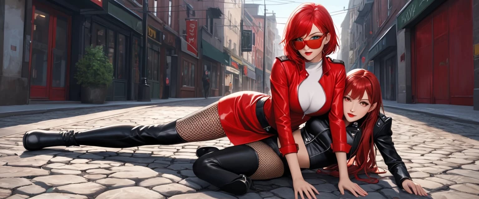 A human girl, very beautiful, full-length appearance, lying on the ground, emerald-colored eyes, sly gaze, bright scarlet lips with a natural shine, domineering gaze, straight fiery scarlet hair in full length to the pelvic area, the girl is dressed in a bright red short dress covering the pelvic area, black boots below the knees of a girl, a black short jacket with open breasts, breasts protruding from the jacket, perfectly fitting breasts of size 5, ultra-realistic velvety skin texture, realistic details of the female biological body, realistically highlighted biological details of the female body, genuine leather with a natural shine and shade of human skin, perfect physique, narrow hips, legs, waist, arms in a loose position, two legs standing on one leg, full height, black boots, black fishnet stockings, create an urban backdrop, lying on the ground